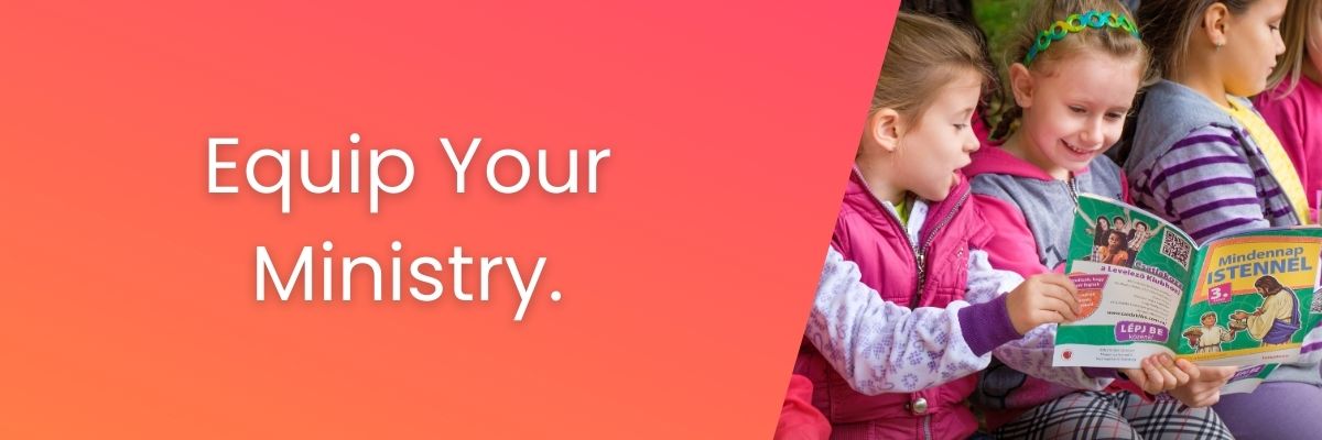 Children reading books with text 'Equip Your Ministry' on a red background